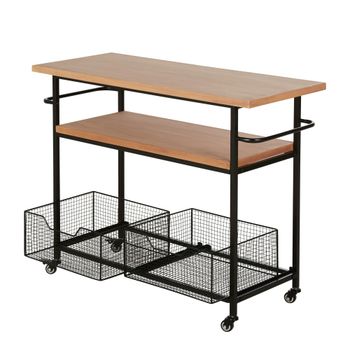 Mesa de servicio de madera de abeto con cestas de metal negro sobre ruedas