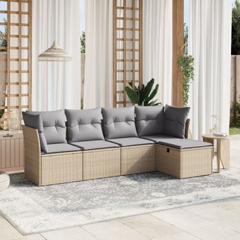 Conjunto De Sofás Jardín Con Cojines Beige Mezcla 5 Uds | Mueble Jardin Mesa Y Sillas Ratán Pe Cfw520339