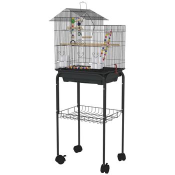 PawHut Pajarera con Ruedas Múltiples Puertas 2 Comederos 2 Perchas Columpio Escaleras y Bandeja Extraíble 46x36x120 cm Negro