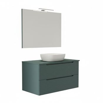 Kibath Mueble De Baño Con Lavabo, Espejo Y Aplique Led Boreal 100x45 Cm Sobre Encimera Acabado Azul Oceano Mate 2 Cajones Suspendido