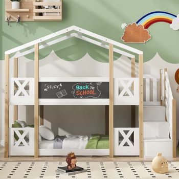 Cama Superpuesta De 90x200 Cm, Cama Casita Con Escalera Y Estanterías, Barandilla De Seguridad, Color Natural Y Blanco