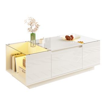 Mesa De Centro Con Espacio De Almacenamiento, Iluminación Led Ambiental, Tablero De Cristal Y 2 Cajones - Blanco