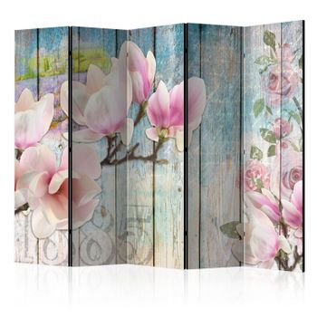 Biombo - Pink Flowers On Wood Ii (225x172 Cm)