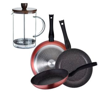 Set de 3 sartenes san ignacio aluminio forjado, aptas inducción+cafetera de émbolo de vidrio borosilicato 15,8x10x18,8cm