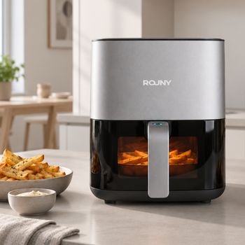 Freidora de Aire ROUNY de 5L con Ventana Visible, Horno Freidora de Aire Caliente sin Aceite con Caja de Vapor, Control Táctil y 8 Programas de Cocción Preestablecidos