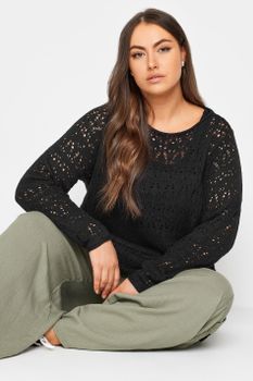 Yours Jersey De Punto Fino Negro Con Calados, Mujer Curvy Y Tallas Grandes, Yours