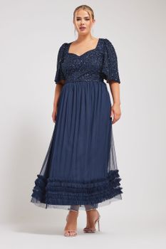 Luxe Vestido Azul Marino Largo Escote Corazón, Mujer Curvy Y Tallas Grandes, Luxe: Ultimate Embellishment