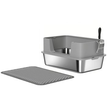 PawHut Arenero para Gatos de Acero Inoxidable XL con Borde Alto Pala Fácil de Limpiar Prueba de Fugas 60x40x29,5 cm Gris