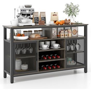 Costway 2 En 1 Mueble Bar De Vinos,  Para Cocina, Comedor Y Sala De Estar, Gris Y Negro, 140 X 40 X 83 Cm