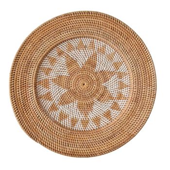 Plato decorativo de ratán beige con detalles blancos 70 cm