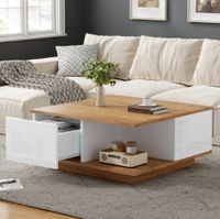 mesa de centro blanca y nogal de tablero 3 cajones 70x70x315 cm