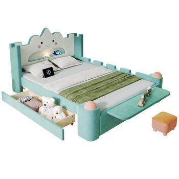 Cama Tapizada Infantil 140x200 Con Luz Led, Usb Y Cajón Reversible, Terciopelo Verde Azulado