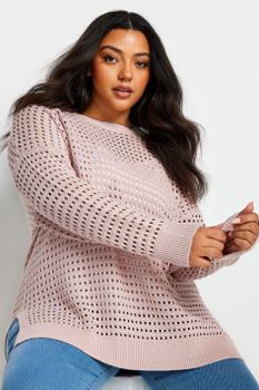 Yours Jersey Rosa De Ganchillo Con Aberturas Laterales, Mujer Curvy Y Tallas Grandes, Yours