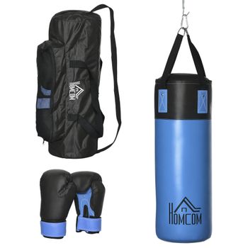 HOMCOM Saco de Boxeo Profesional con Guantes de 8 oz Gancho y Bolsa de Almacenaje Saco de Arena de Entrenamiento Ø25x102 cm Azul   Aosom España