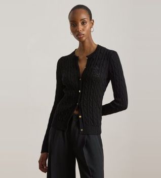 Lauren Ralph Lauren para mujer. 200P14040003 Cárdigan de algodón en punto de ochos negro (S), Casual, Manga larga