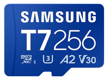 Tarjeta Micro SDXC - Samsung T7 MB-MB256T, 256 GB, Lectura hasta 170 MB/s, UHS Clase 3, A2, V30, Azul