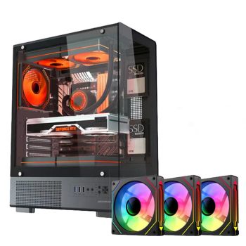 Caja de PC para juego E-ATX de vidrio templado panorámico con 3 ventiladores ARGB, compatible con GPU de hasta 320 mm y