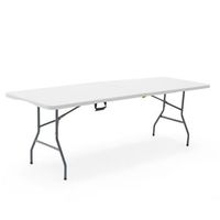 mesa plegable y portatil gardiun new koln 240x74x74 cm de resina en color blanco con asa lateral y sistema de bloqueo
