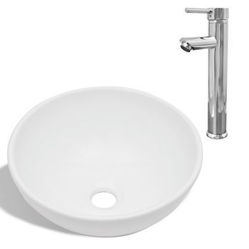 Lavabo De Baño Moderno | Lavabo Con Grifo Mezclador Cerámica Redondo Blanco