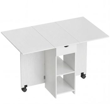 HOMCOM Mesa de Cocina Plegable con Ruedas Alas Abatibles Cajón y Estantes para 2 a 4 Personas 120x72x75 cm Blanco   Aosom España
