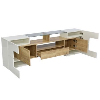 Mueble Tv Blanco Alto Brillo, Mueble Para Tv 65 Pulgadas Con Luces Led Y Superficie De Cristal, Mdf Y Madera, 200 Cm