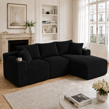 Sofá Modular Con Chaise Longue Welltin, Sofá 2 Plazas De Pana Suave, Espuma De Alta Densidad, Con Portavasos Y Bolsillos, Sin Montaje, Beige
