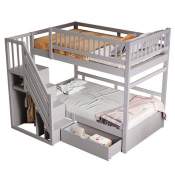 Litera Madera Maciza 90x200 Con Cajones Y Escalera De Almacenaje, Barrera De Seguridad, Litera Infantil Gris