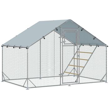 PawHut Gallinero Metálico de Exterior de 3x2m con Percha Multiusos Comedero Colgante Tipo Brocheta y Lona Protectora Resistente