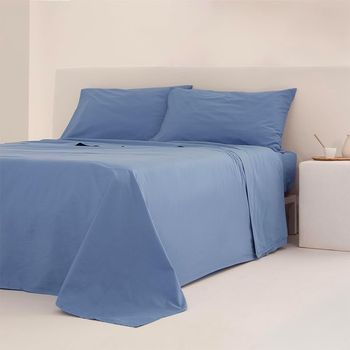 Juego De Sábanas Noa Azul Percal Algodón  200 Hilos 270x260 Cama 180