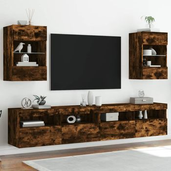 2 Uds Muebles Tv De Pared | Mueble De Salón | Armario Tv Luces Led Roble Ahumado 40x30x60,5 Cm Cfw780975