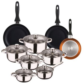 Batería de cocina de acero inox y sartenes negro ø16,20,24 cm