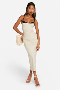 Vestido Midaxi De Bengalina Con Inserción En Contraste, Beige