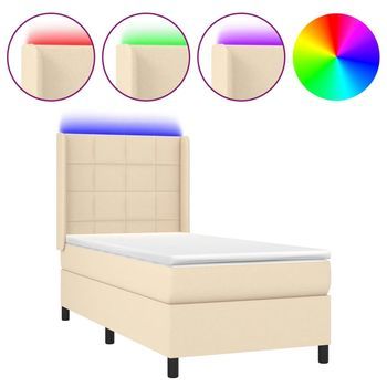 Cama Para Adulto | Cama Individual | Cama Box Spring Colchón Y Luces Led Tela Crema 80x200 Cm