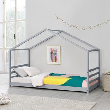 Cama Para Niños De Pino - 200 X 90 Cm - Cama Infantil - Forma De Casa - En Color Gris Lacado Mate [en.casa]®