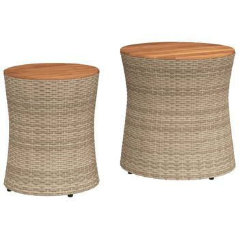 2 Uds Mesas Auxiliares | Mesita Auxiliar | Mesa De Café Jardín Superficie De Madera Ratán Beige