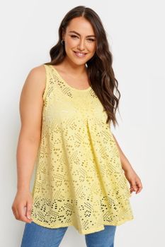 Yours Top Amarillo Sin Mangas De Bordados Con Calados, Mujer Curvy Y Tallas Grandes, Yours
