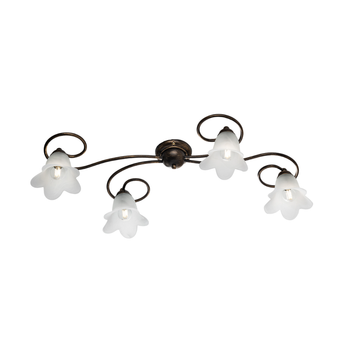 Lámpara De Techo Alice En Hierro Lacado En Marrón Con Decoración. Difusores De Oro Antiguo Y Cristal D. 14 Alabastro Blanco 4 Luces L. 87 X 40
