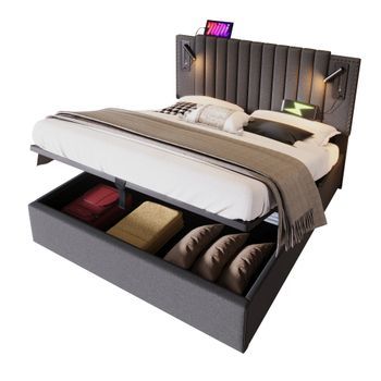 Cama Tapizada Con Almacenamiento, 180x200 Cm, Usb, Cabecero Con Tachuelas, Somier De Láminas, Gris