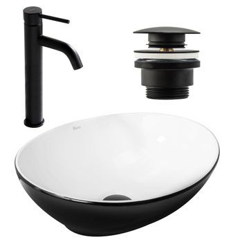 Set Lavabo Sobre Encimera Sofia Black White Rea + Grifo De Baño Lungo Black Matt + Tapón Black Matt