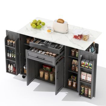 Isla De Cocina Móvil Con Encimera Extensible Hasta 70cm, Cajones Y Ruedas, 136x70x92 Cm, Mdf, Madera Y Blanco