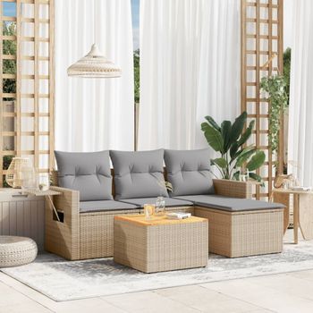 Conjunto De Sofás Jardín Con Cojines 5 Uds | Mueble Jardin Mesa Y Sillas Ratán Sintético Beige Cfw479323