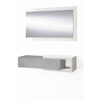 Recibidor con espejo y 1 cajón blanco y cemento