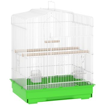 PawHut Jaula para Pájaros Pajarera de Acero con 2 Comederos 2 Perchas Columpio y Bandeja Extraíble Asa 46,5x36x59 cm Verde