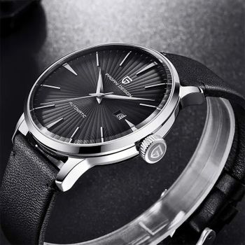 Reloj Mecánico Automático para Hombre PAGANI DESIGN PD2770, Esfera con Diseño Sunburst, Fecha, Correa de Cuero y Acero Inoxidable, Resistente al Agua 30M, Estilo Ejecutivo