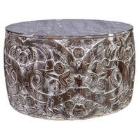 mesa de centro redonda de madera tallada artesanal marron 76x76x45
