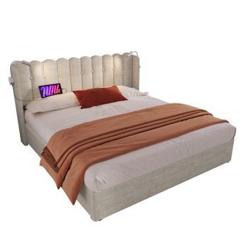 Cama Doble Tapizada - Cama Infantil 160x200cm - Función De Carga - Espacio De Almacenamiento - Terciopelo - Madera