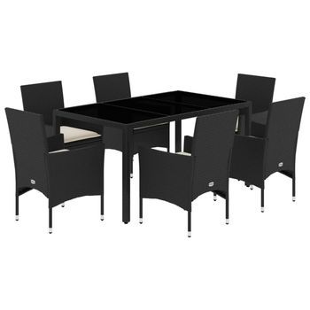 Set Comedor Jardín 7 Piezas Cojines Ratán Sintético Vidrio Negro