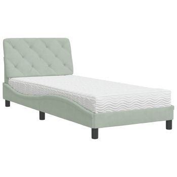 Cama Individual | Cama Para Adultos | Cama Con Colchón Terciopelo Gris Claro 90x200 Cm