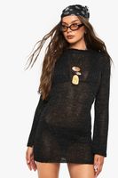 conjunto de punto de lentejuelas con vestido mini de punto transparente con escote en u y bolso de tela negro