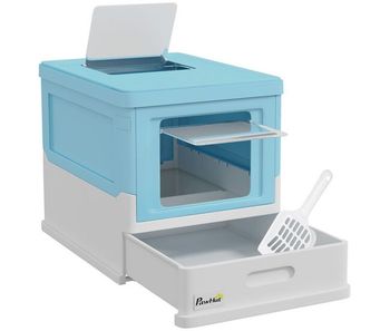 Pawhut arenero para gatos, caja de arena para gatos plegable, con bandeja extraíble, tapa, pala, fácil de limpiar, control de olores, antichapotones, para raza pequeña y mediana, azul y blanco